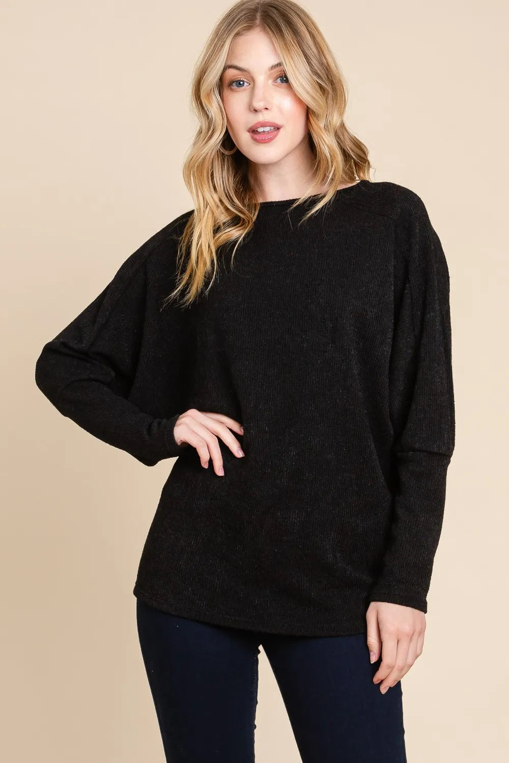 BOMBOM Drop Shoulder Long Sleeve Knit Top - Lilixa.store