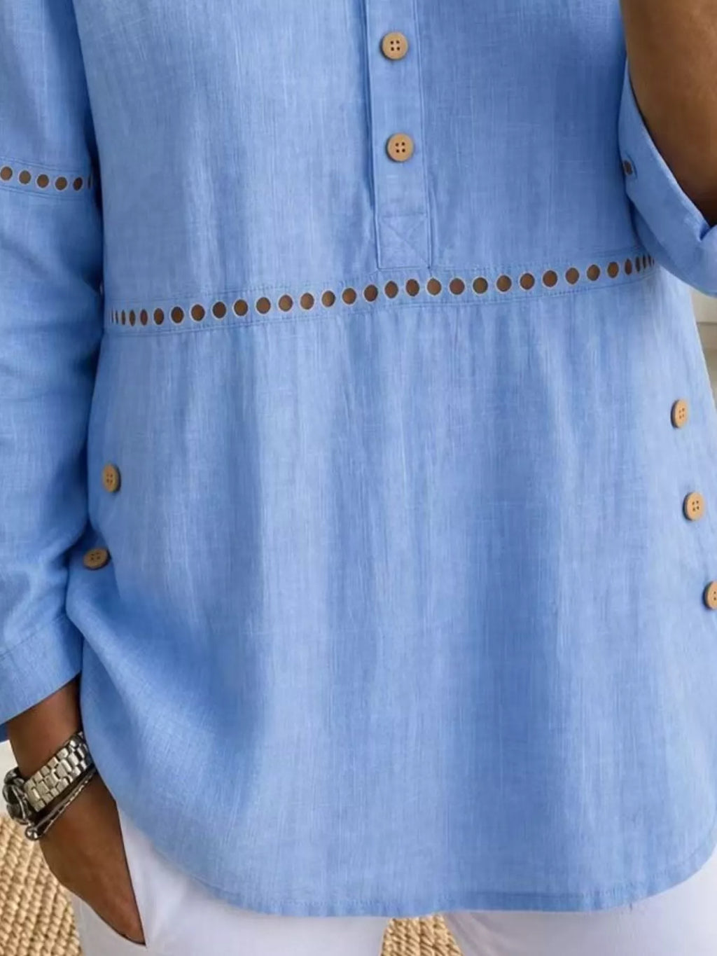 Full Size Button Detail Eyelet Long Sleeve Blouse Plus Size - Lilixa.store