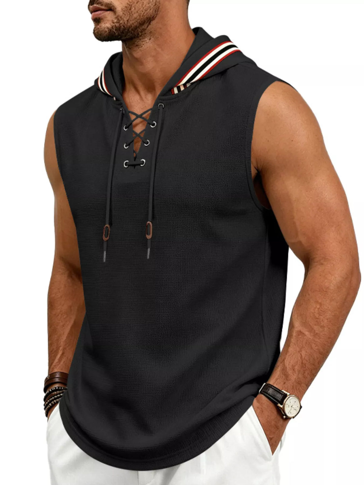 Men's Full Size Lace Up Hooded Vest Plus Size - Lilixa.store