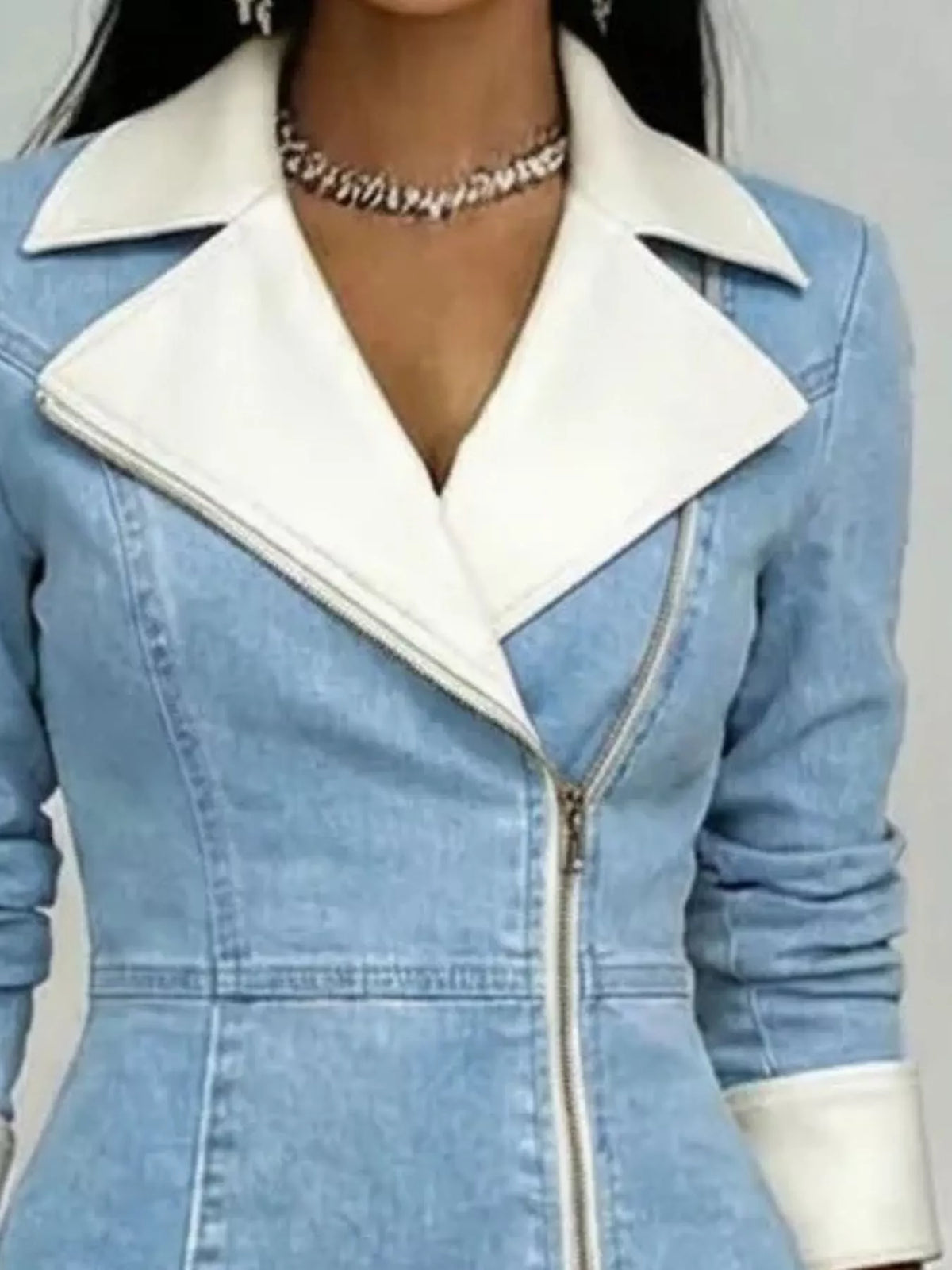 Full Size Contrast Lapel Zip-Front Denim Dress Plus Size