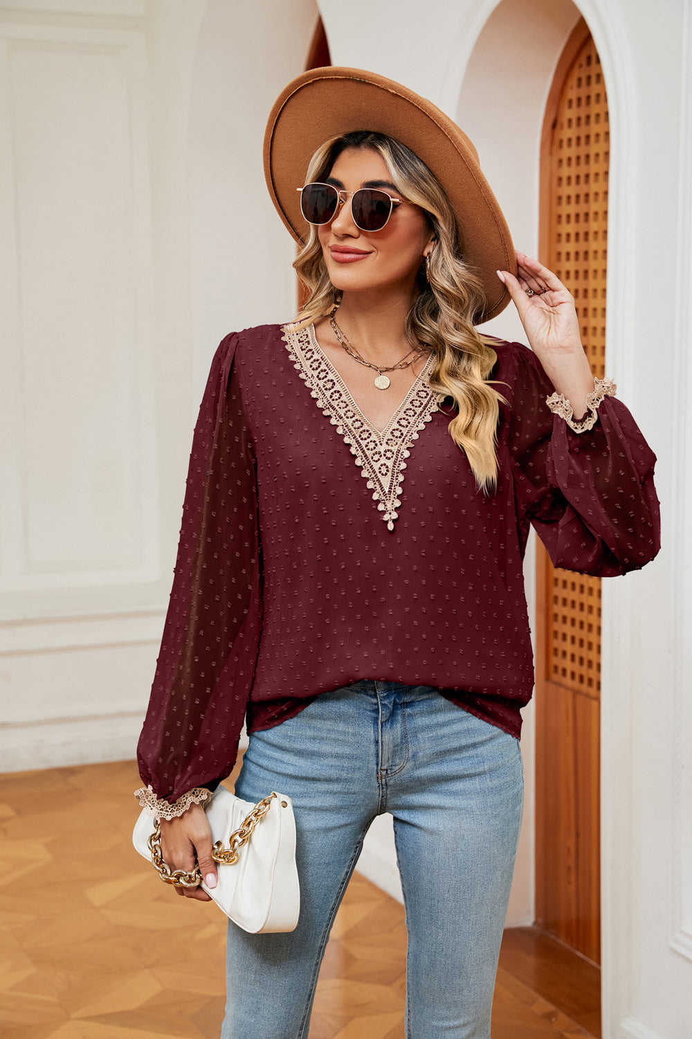 Swiss Dot Contrast V-Neck Blouse, view 3