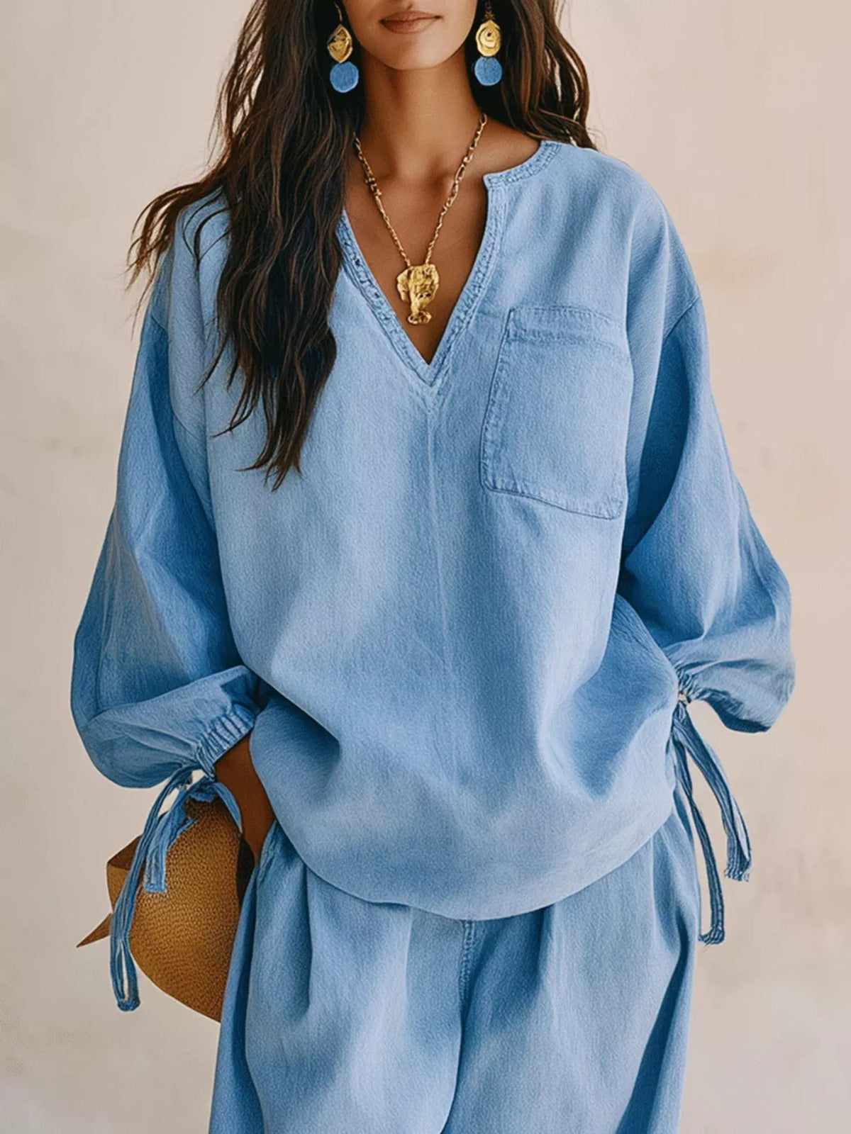 Relaxed Fit Drawstring Sleeve Detail Top and Pants Denim Set, view 2