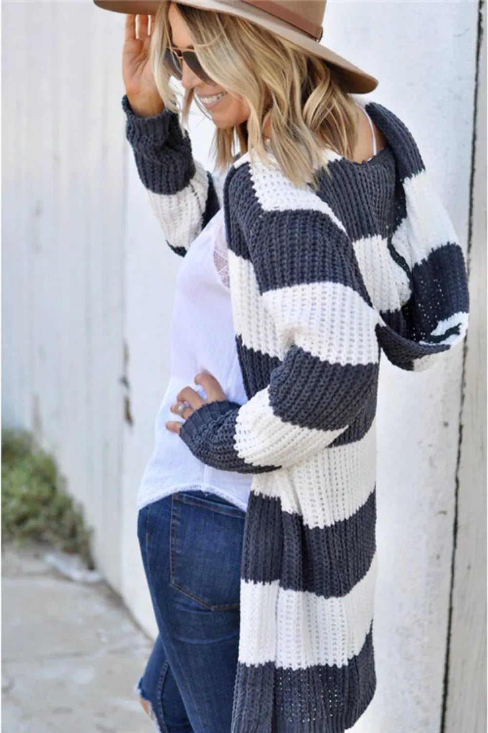 Contrast Stripes Open Front Long Sleeve Cardigan - Lilixa.store