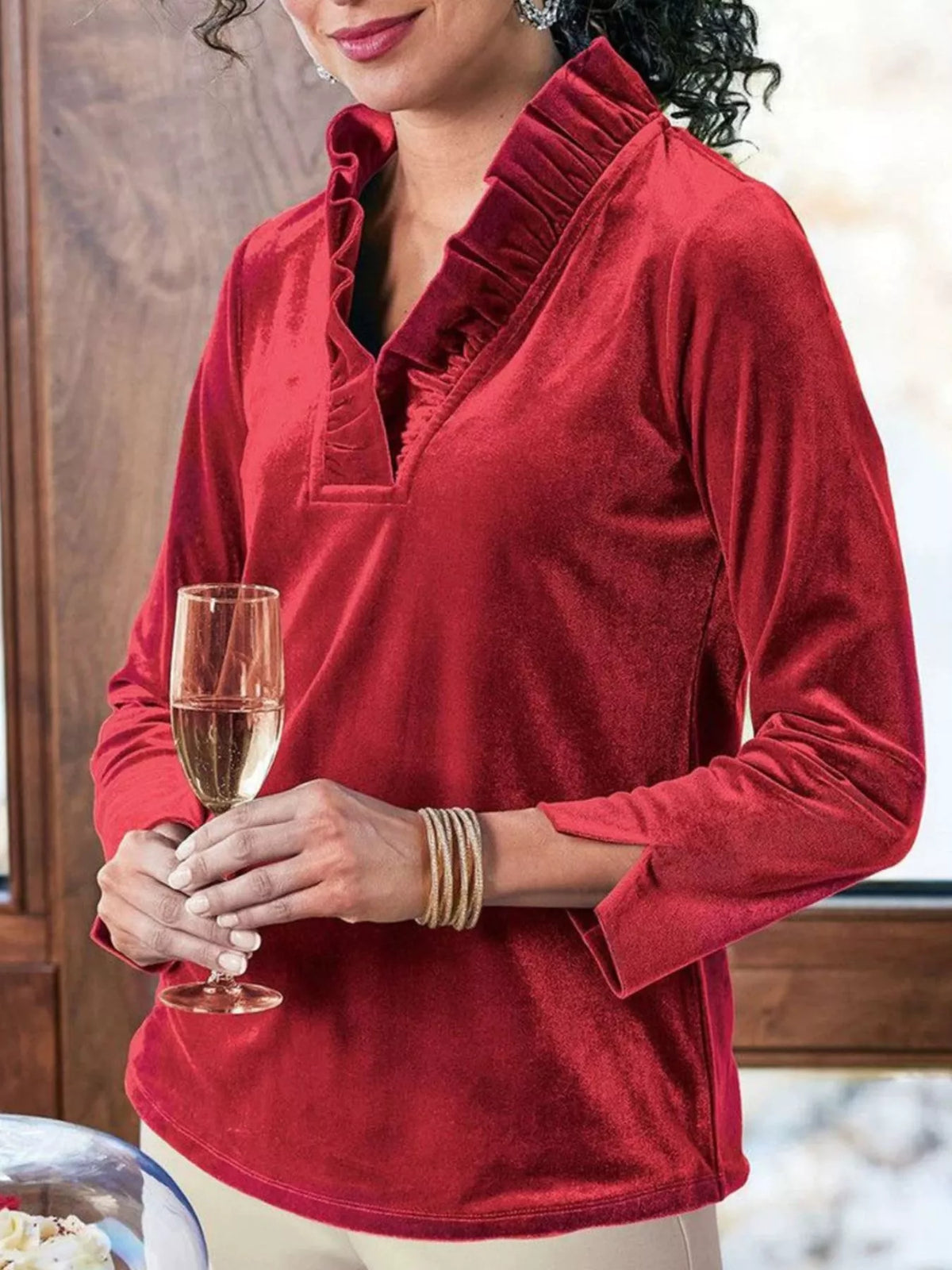 Velvet Long Sleeve Blouse with Ruffled V-Neck, view 6