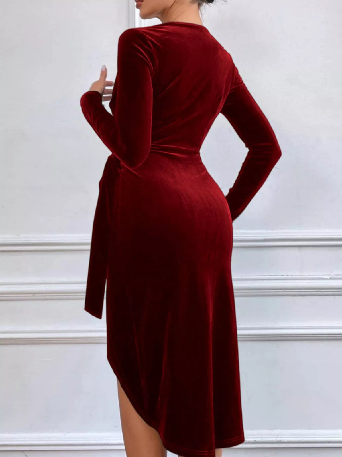 Velvet Wrap Long Sleeve Midi Dress - Lilixa.store