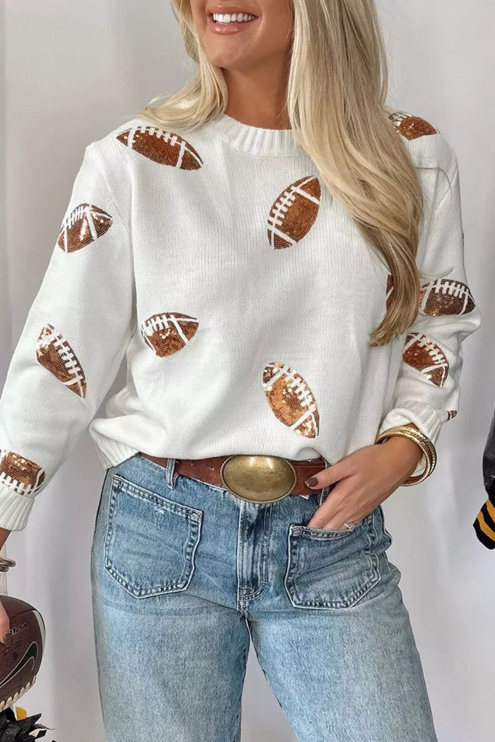 Sequin Football Print Round Neck Long Sleeve Loose Fit Sweater - Lilixa.store