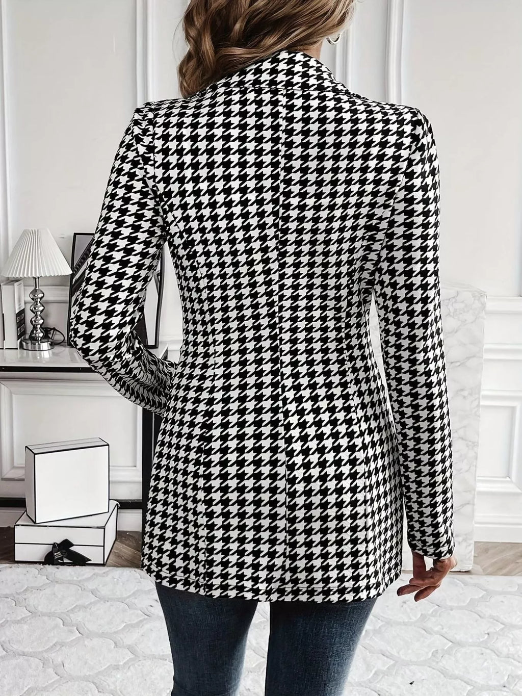 Houndstooth Print Lapel Collar Blazer - Lilixa.store