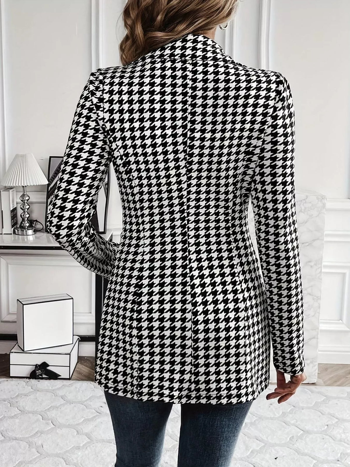 Houndstooth Print Lapel Collar Blazer - Lilixa.store