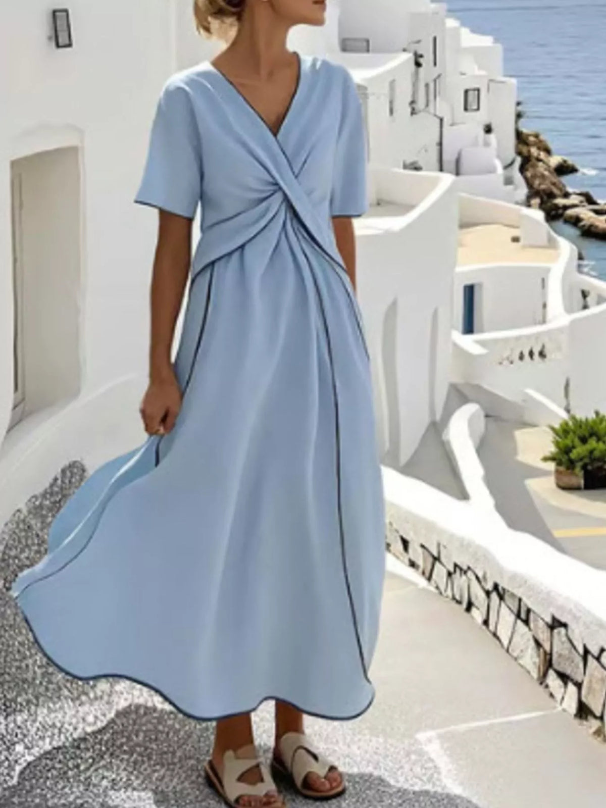 Full Size Striped Surplice Half Sleeve Midi Dress Plus Size - Lilixa.store