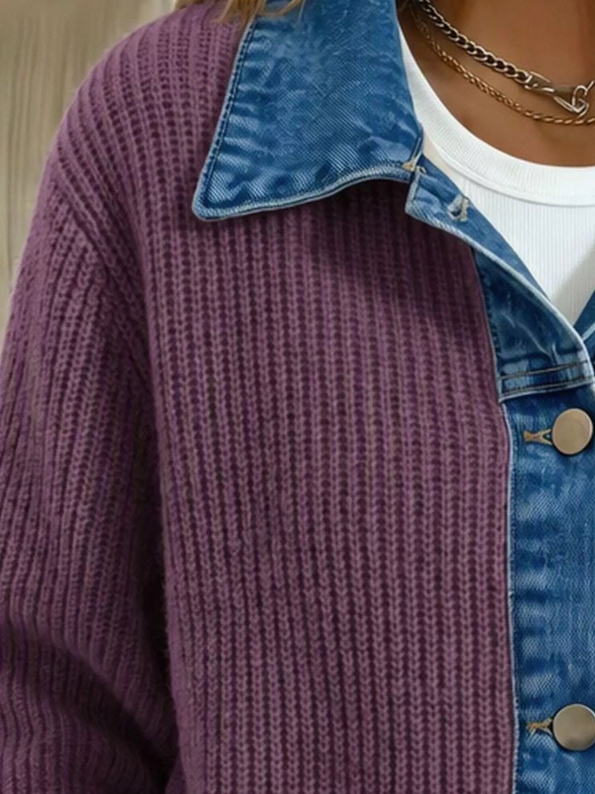 Denim Trim Button Up Cardigan - Lilixa.store
