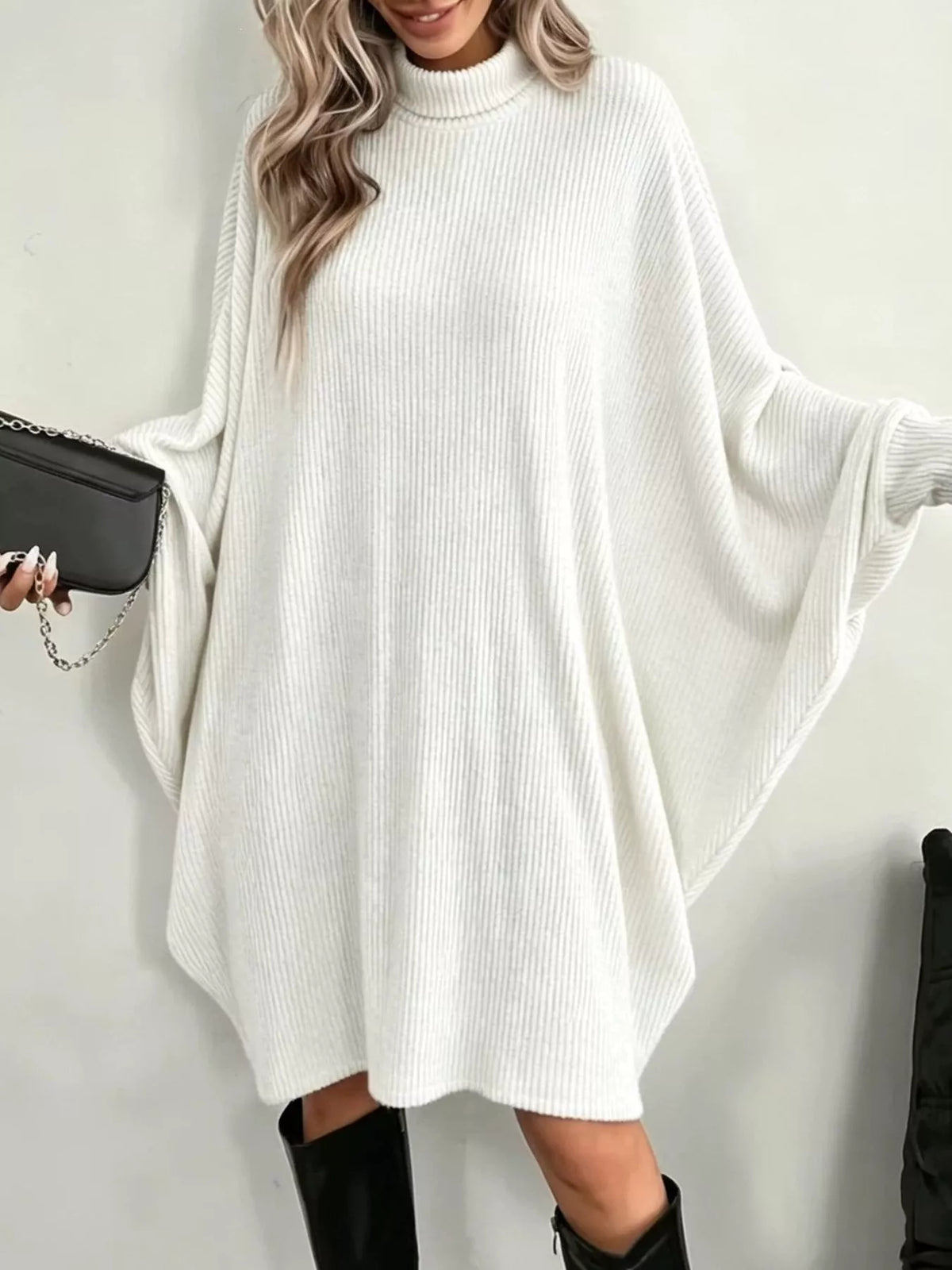 Oversized Batwing Sleeve Ribbed Knit Turtleneck Dress - Lilixa.store