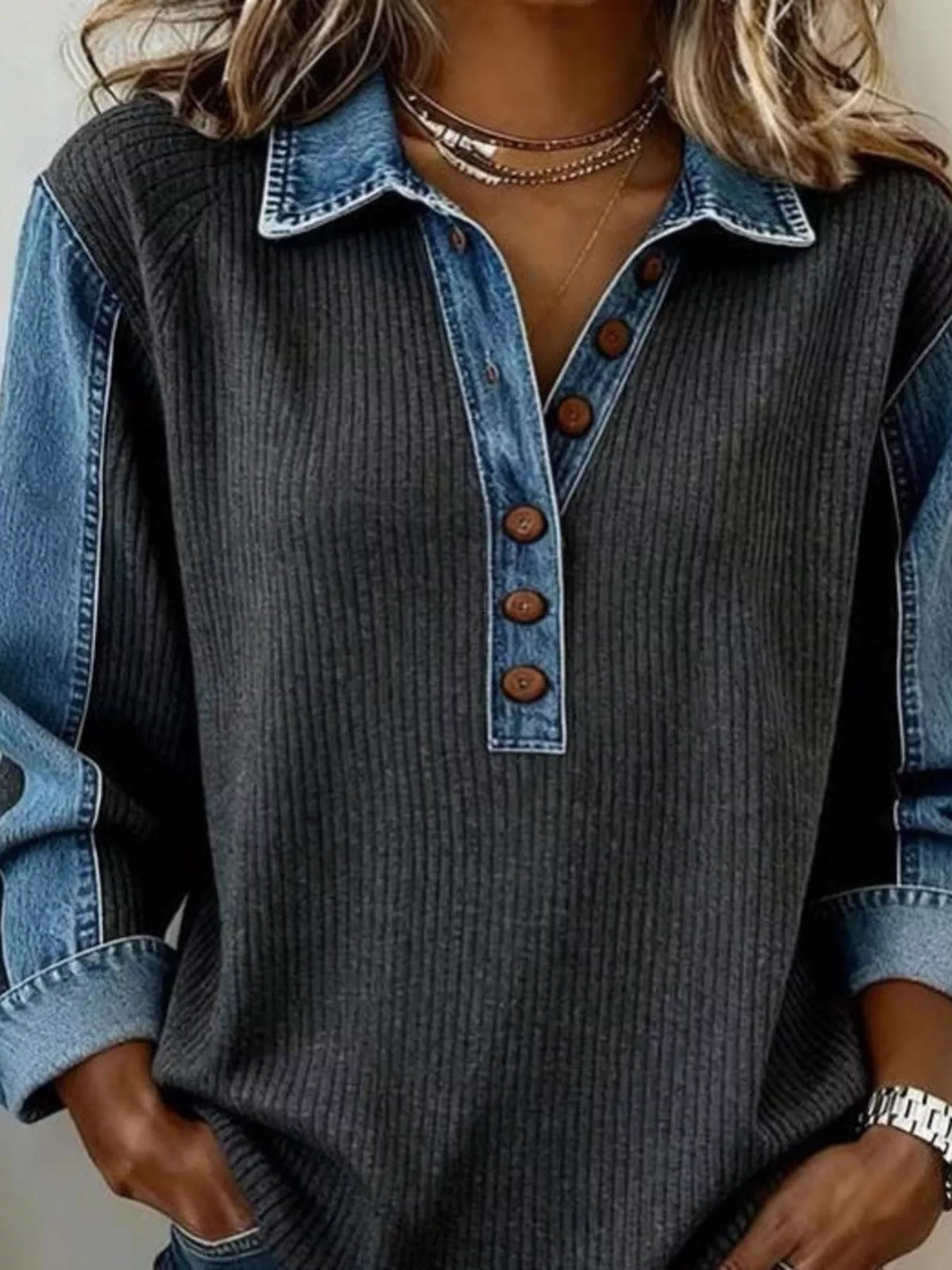 Denim Trim Button Detail Sweatshirt - Lilixa.store