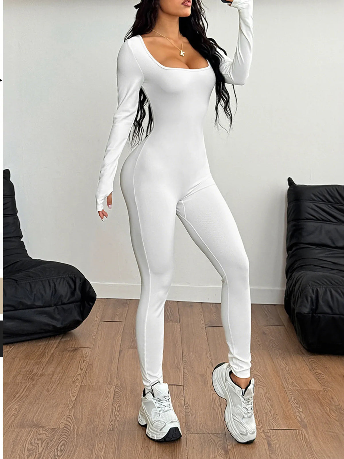 Square Neck Long Sleeve Active Jumpsuit - Lilixa.store