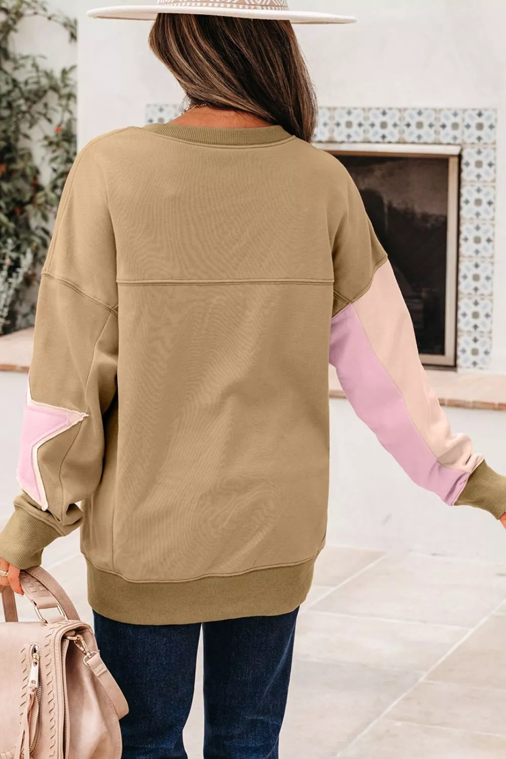 Star Patch Crew Neck Sweatshirt in Tan, view 6