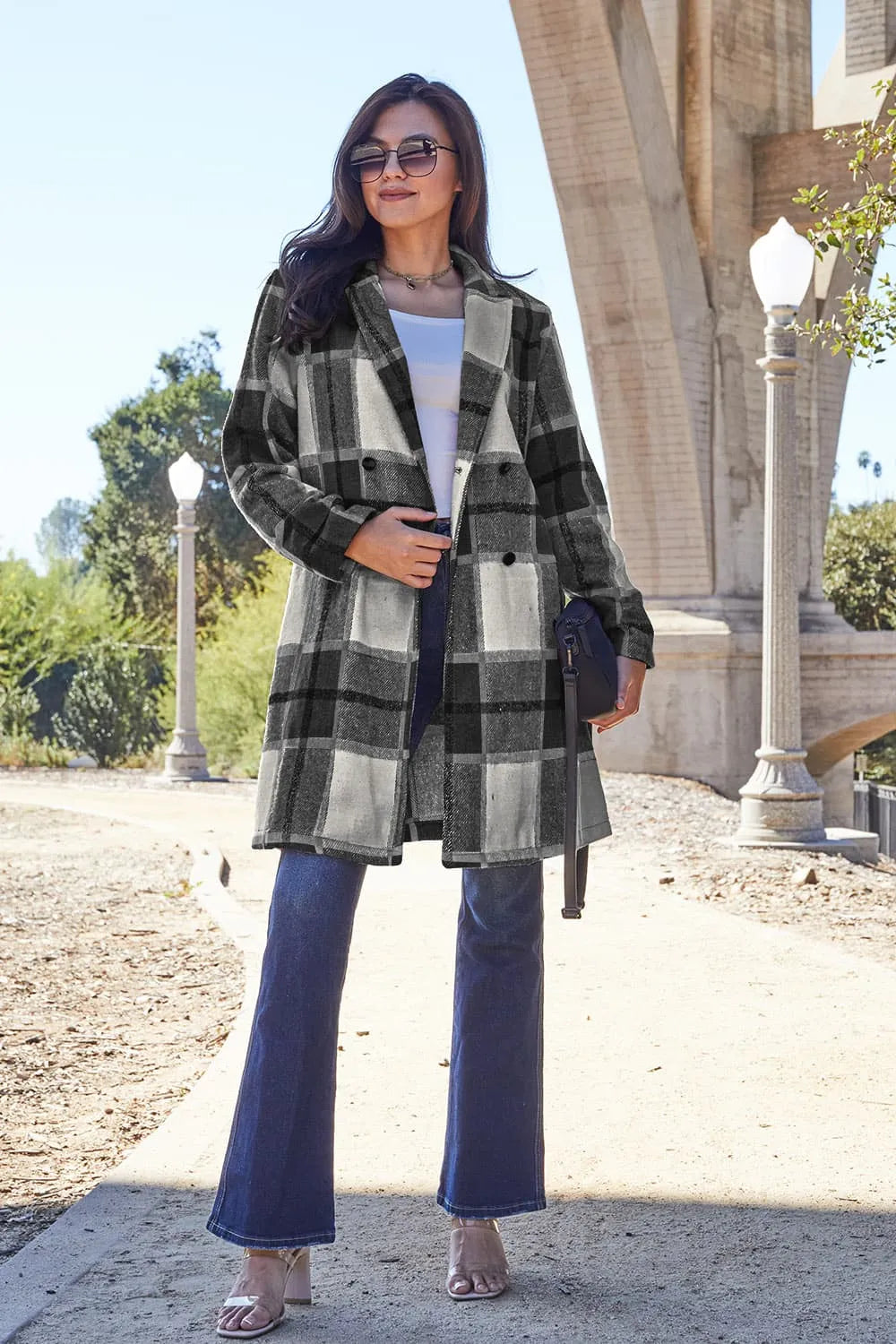 Double Take Full Size Plaid Button Up Lapel Collar Coat - Lilixa.store