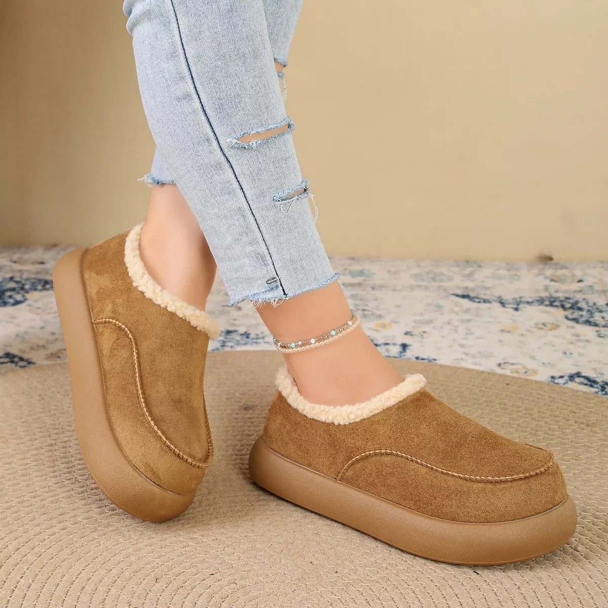 Plush-Lined Suede Platform Slip-On Boots, view 5