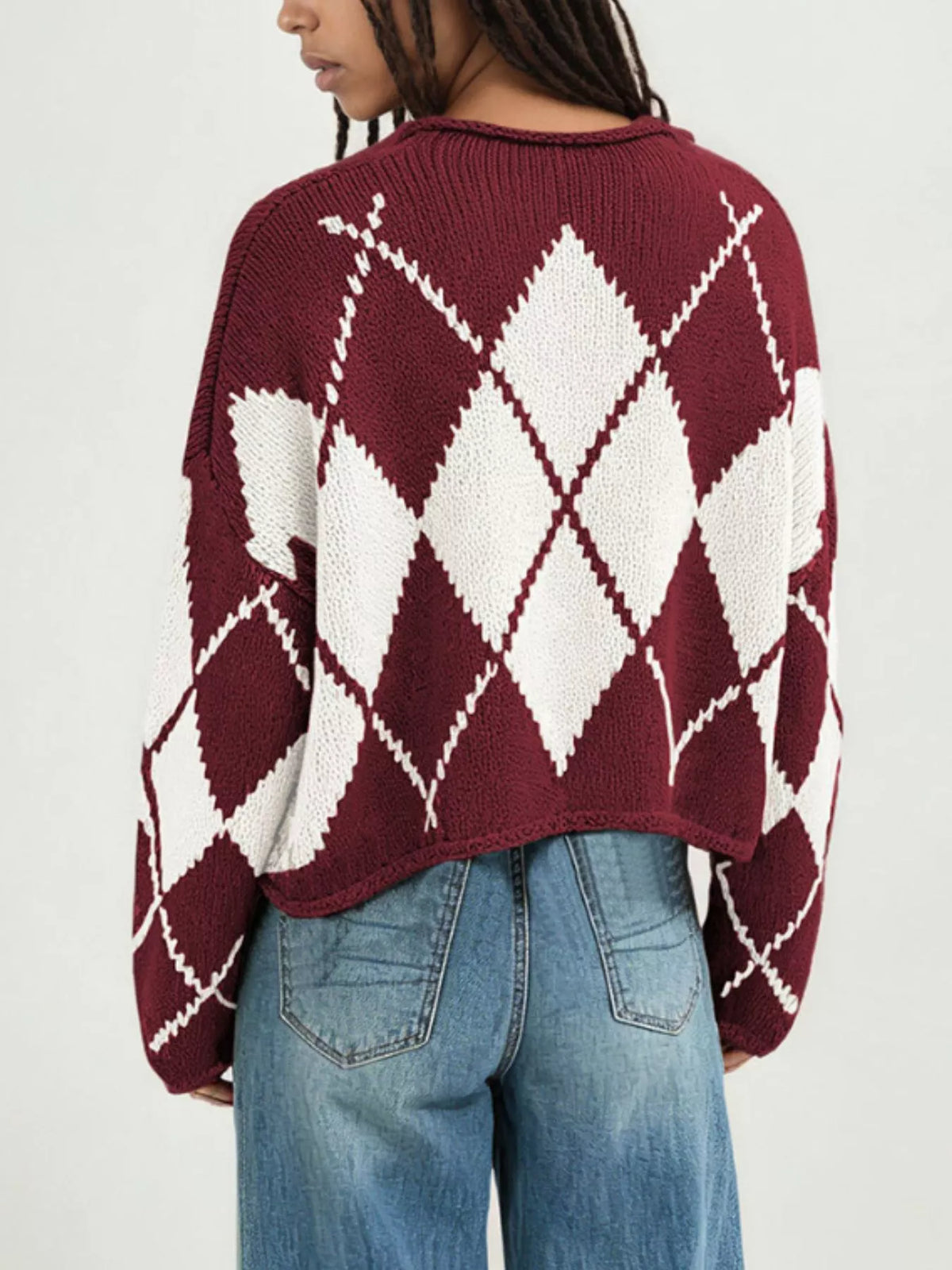 Argyle Pattern Knit Dropped Shoulder Sweater - Lilixa.store