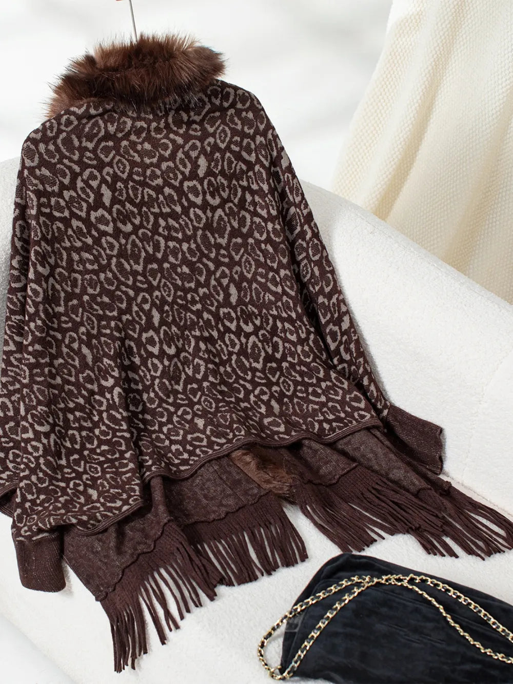 Fringe Leopard Open Front Long Sleeve Poncho, view 4