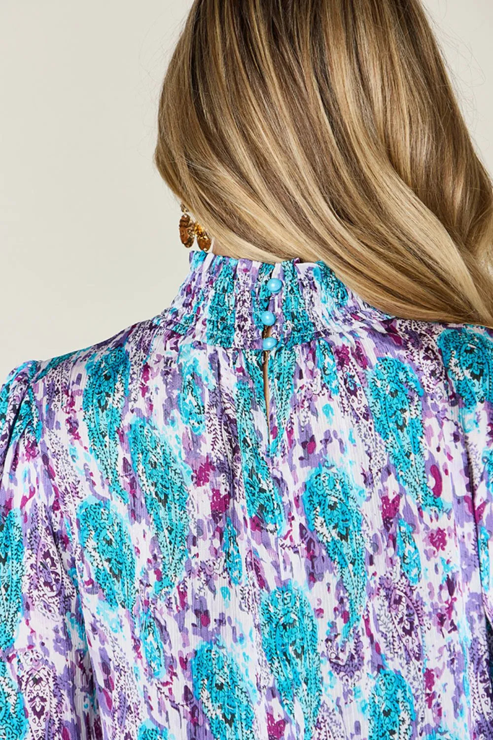 Double Take Full Size Printed Smocked Long Sleeve Blouse - Lilixa.store
