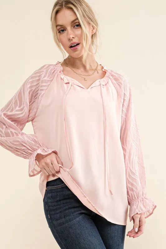 And The Why Leaves Shape Textured Sleeve Blouse in Pink, view 4