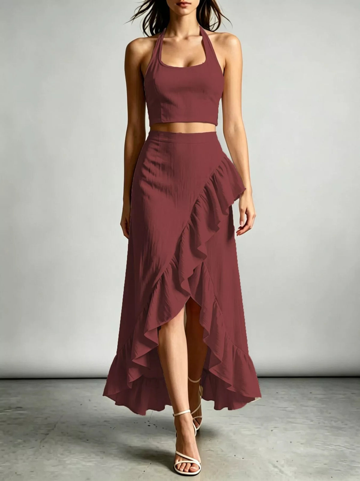 Halter Neck Crop Top and High-Low Maxi Skirt Two-Piece Set