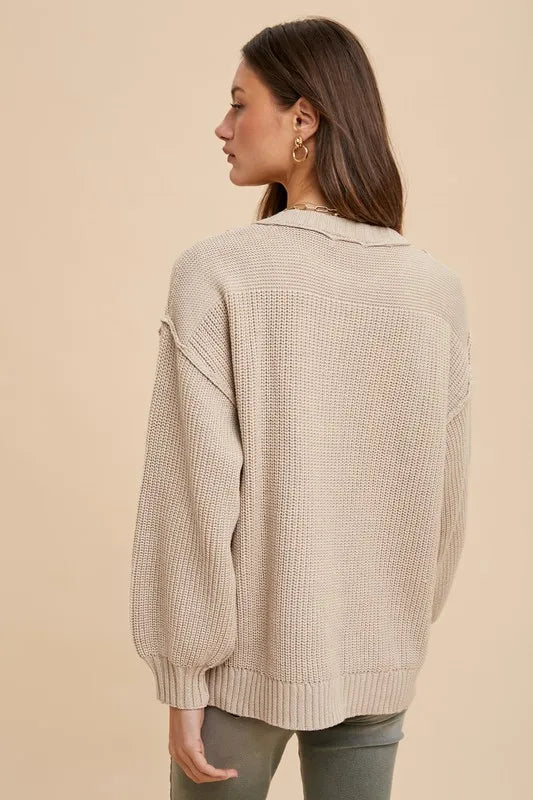 Annie Wear Half Button Ribbed Hem Sweater - Lilixa.store