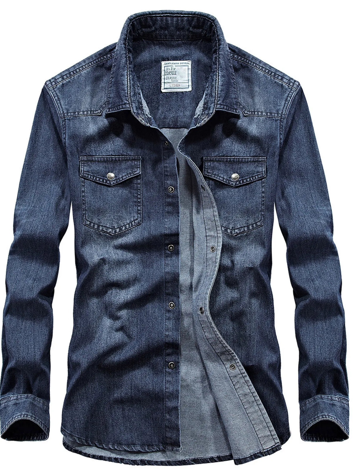 Men's Plus Size Classic Washed Denim Shirt with Double Chest Pockets - Lilixa.store