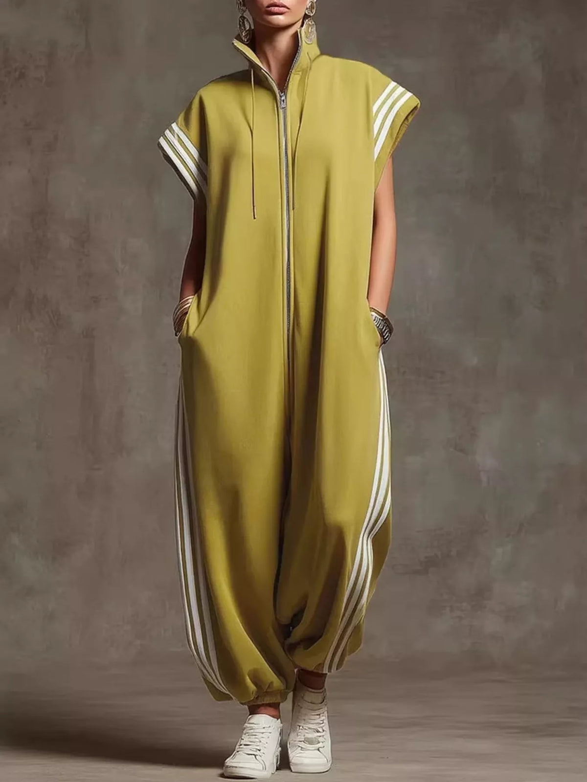Full Size Side Stripe Zip-Front Wide Leg Jumpsuit Plus Size