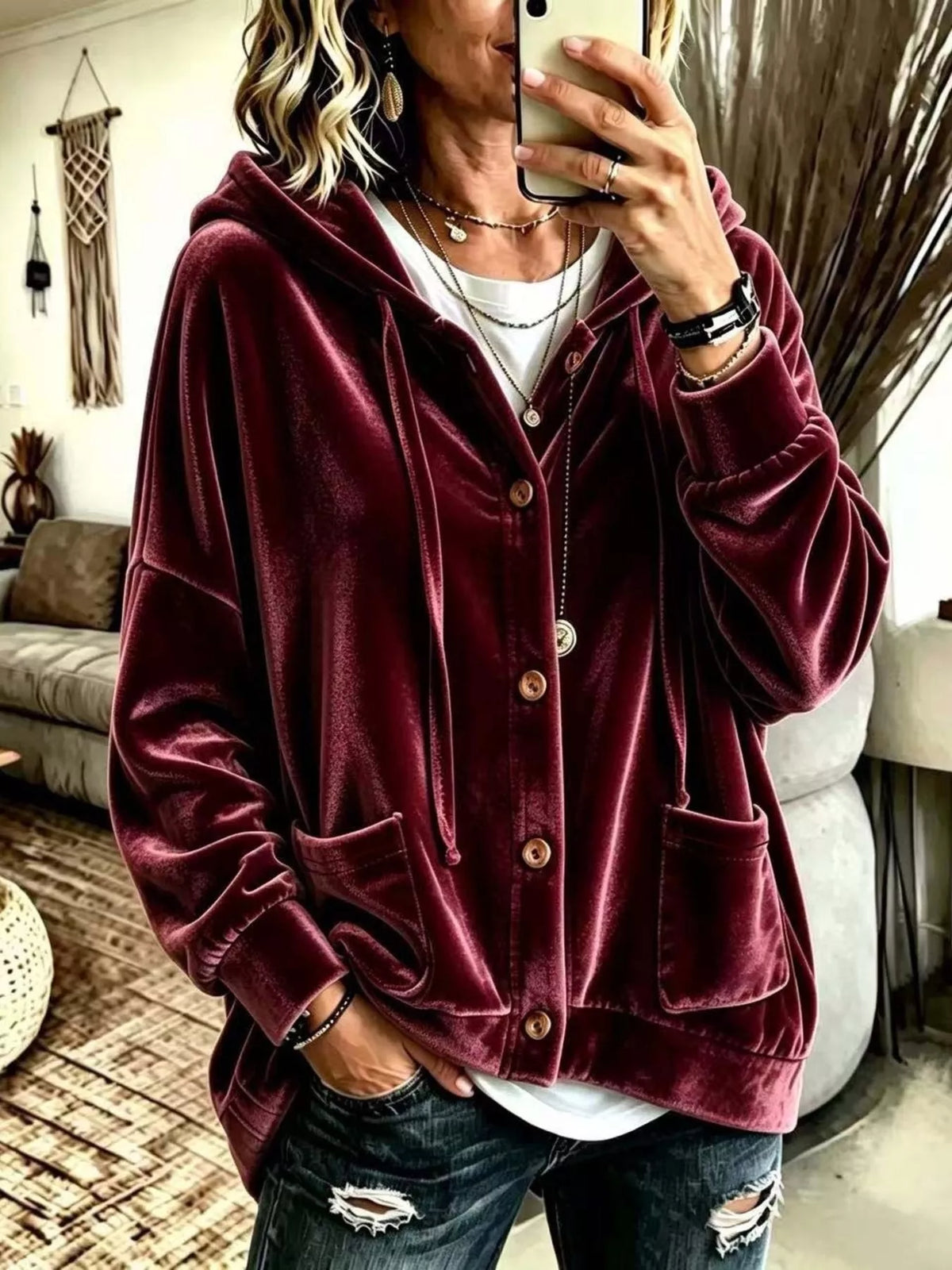 Full Size Casual Button-Down Hooded Outerwear Plus Size in Burgundy