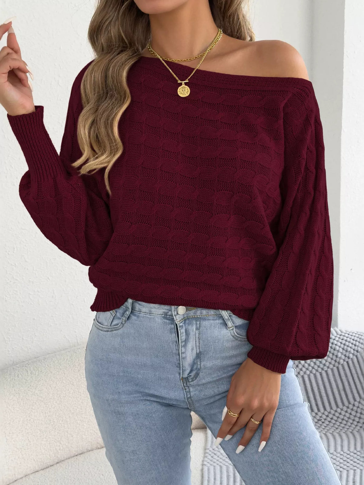 Cable Knit Boat Neck Sweater