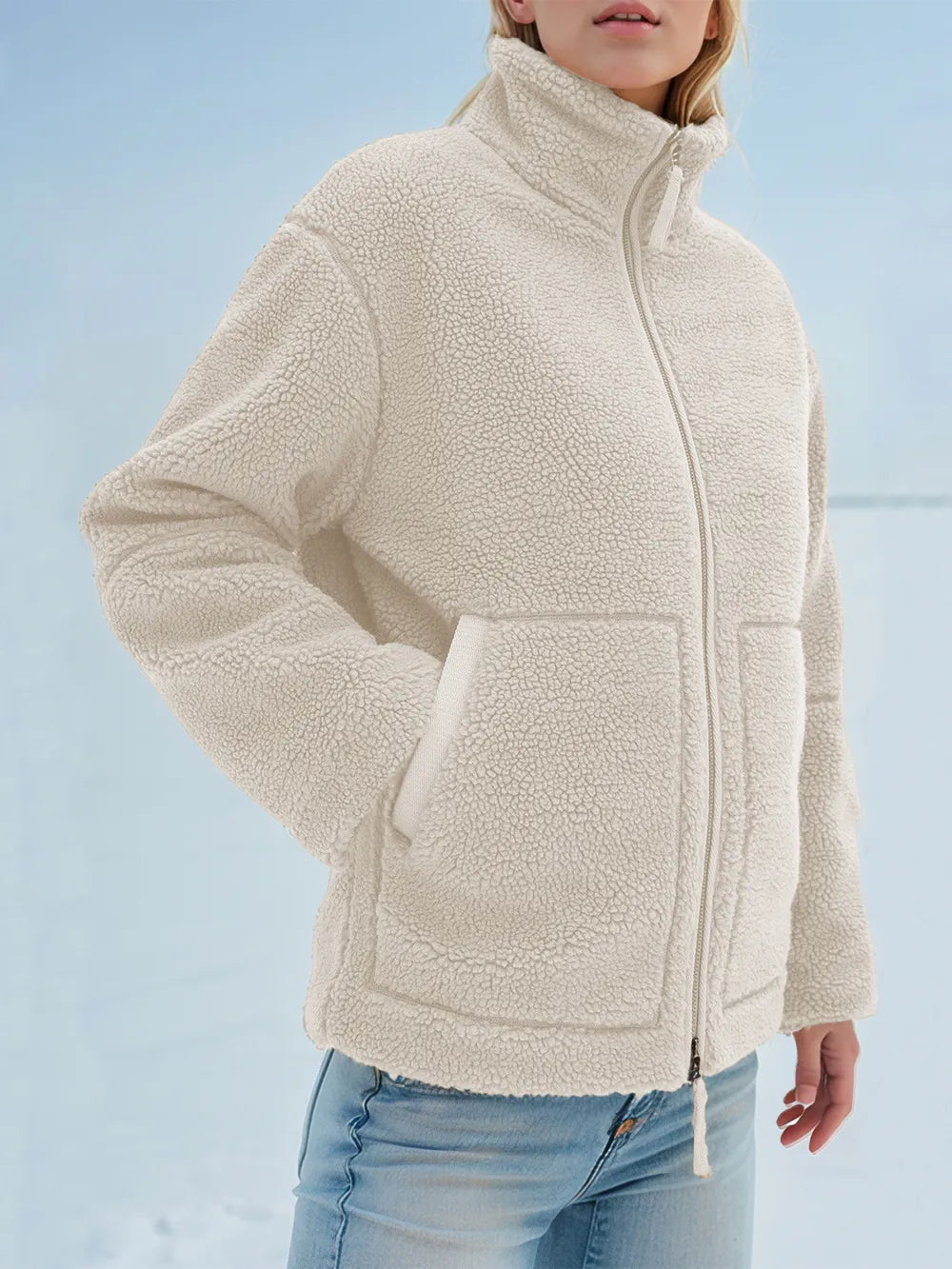 Turtleneck Zip Up Long Sleeve Plush Jacket in White