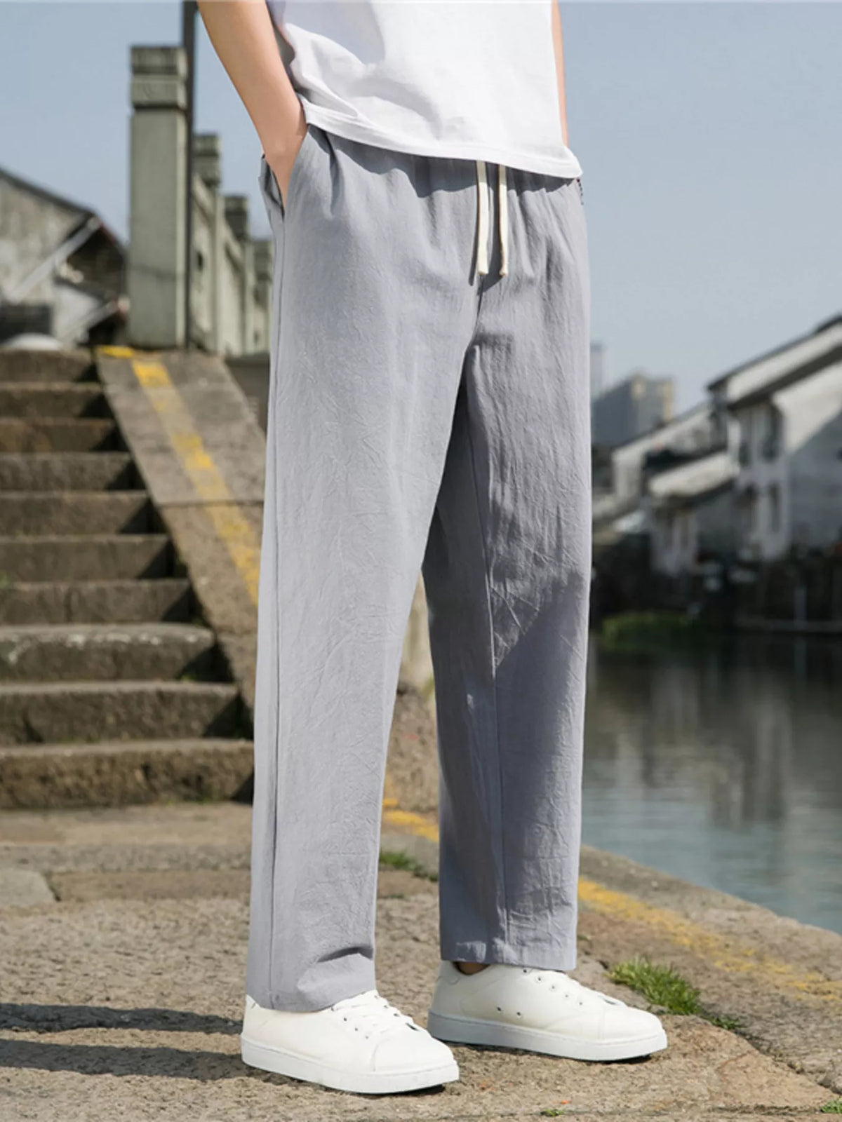Men's Plus Size Loose Fit Drawstring Casual Pants in Light Gray