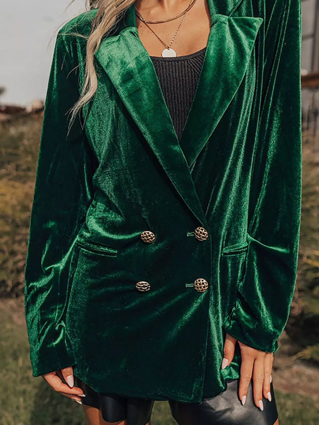 Velvet Lapel Collar Button Up Blazer - Lilixa.store
