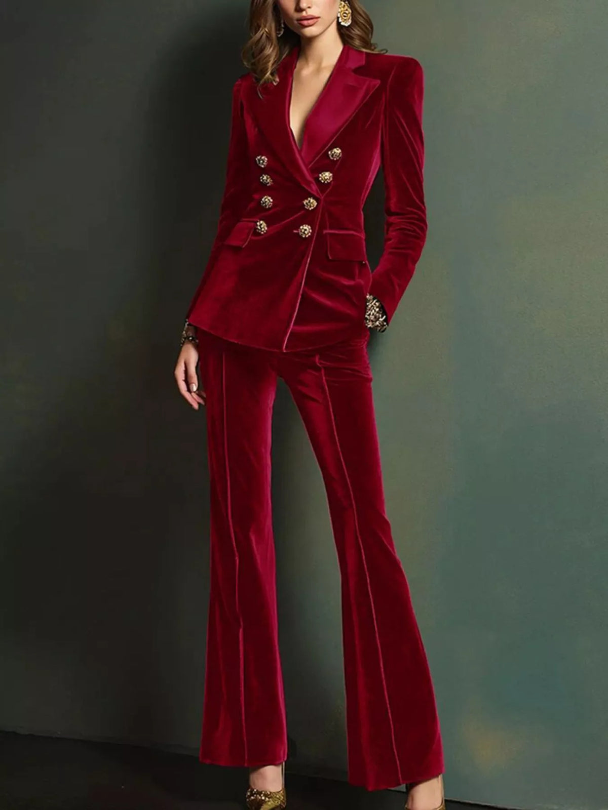 Velvet Double-Breasted Blazer and Flare Pant Set in Wine Red