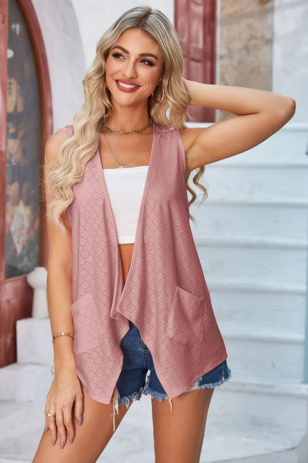 Eyelet Open Front Sleeveless Cardigan - Lilixa.store