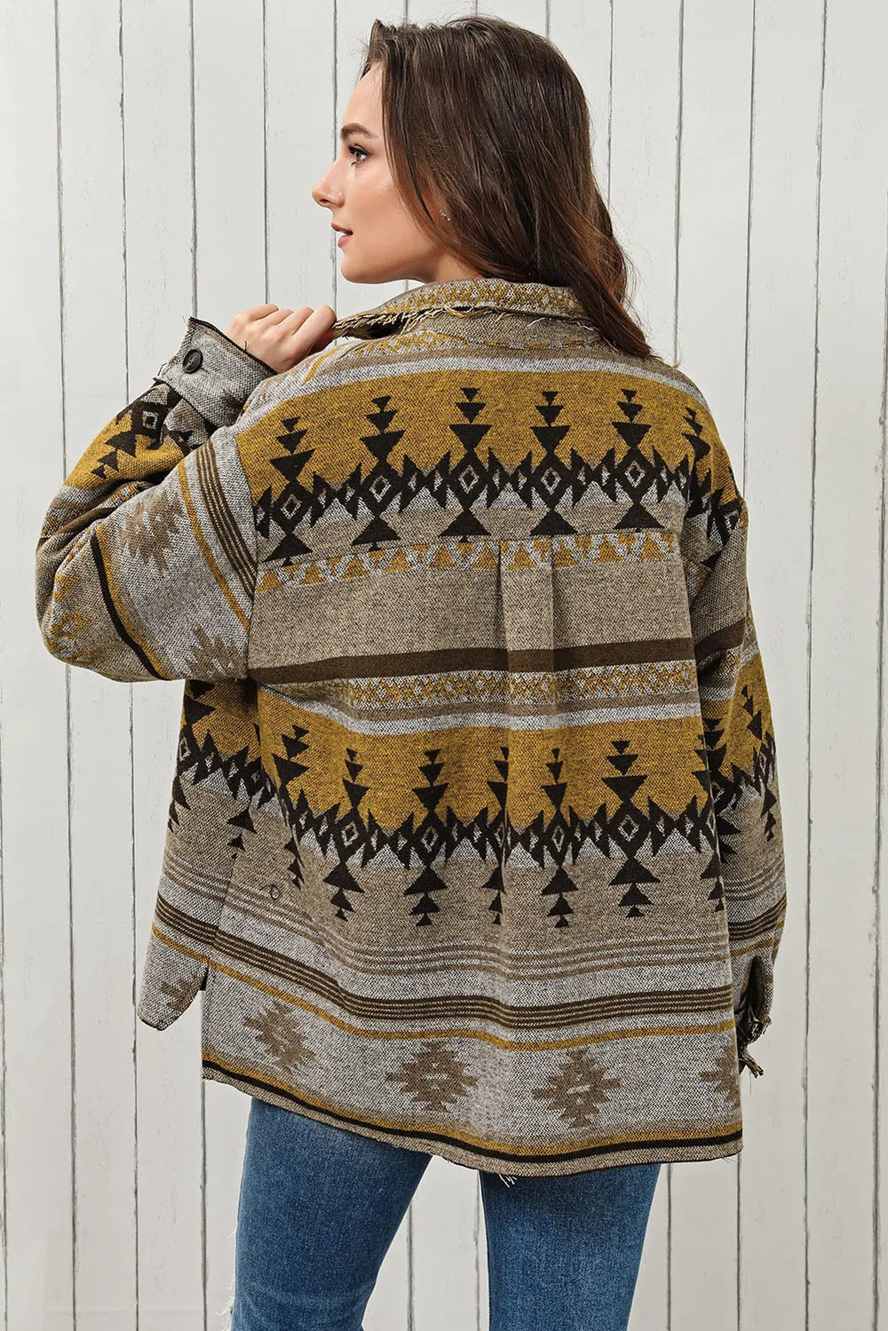 Pocketed Geometric Collared Neck Jacket in Camel, view 7