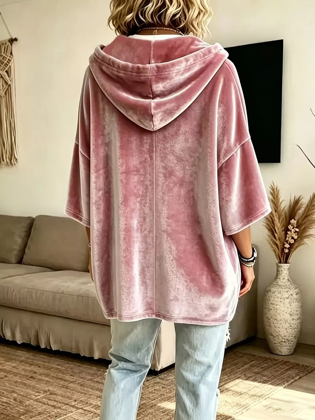 Full Size Velvet 3/4 Sleeve Hoodie with Kangaroo Pocket Plus Size - Lilixa.store