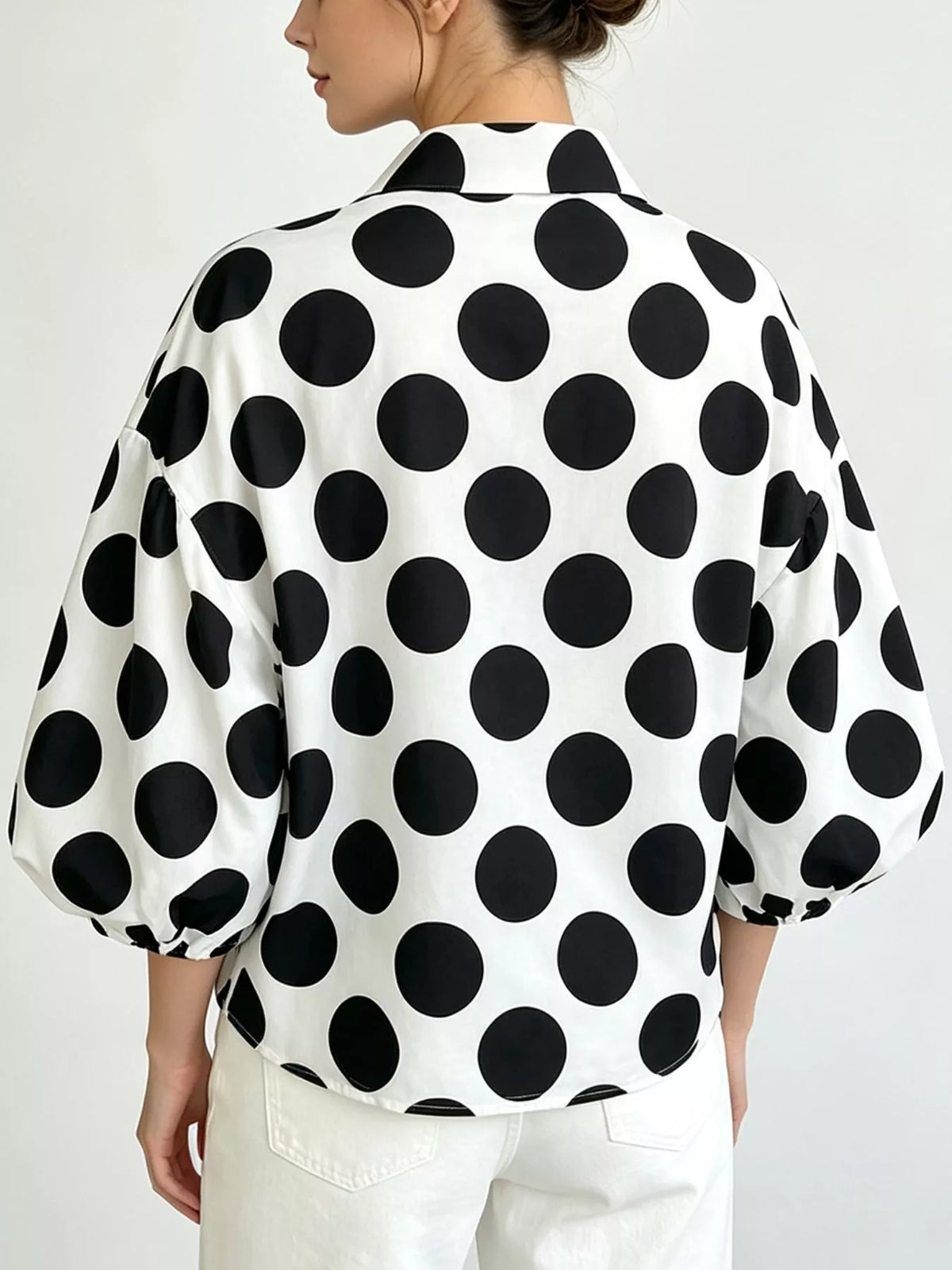 Polka Dot Puff Sleeve Shirt in Black, view 2