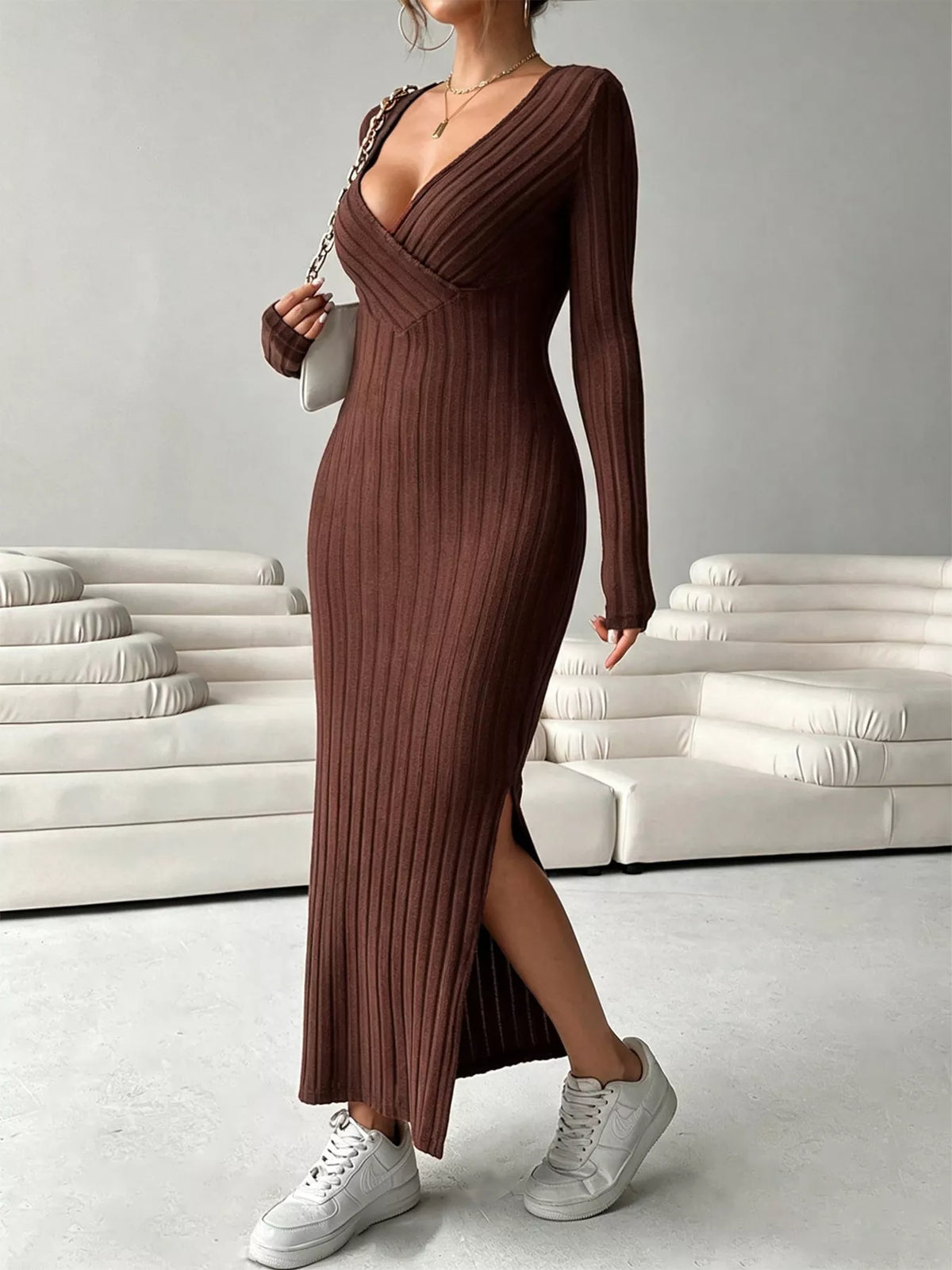 Slit Long Sleeve Ribbed Knit Maxi Dress - Lilixa.store