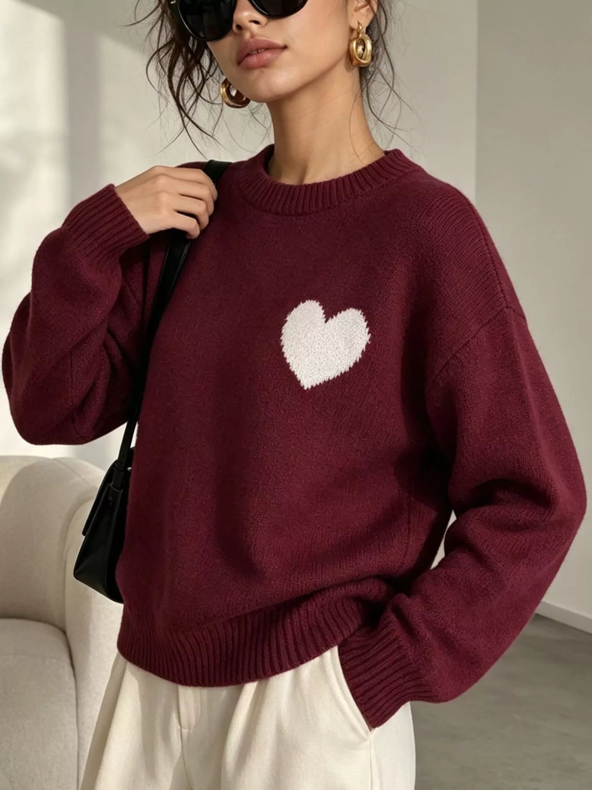 Heart Pattern Round Neck Sweater, view 6