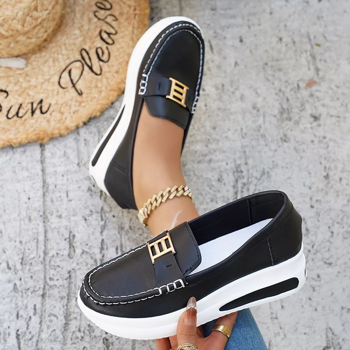 Metal Buckle Round Toe Slip-Ons, view 9