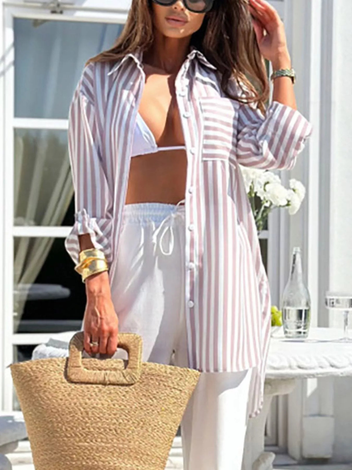 Printed Long Sleeve Tie Waist Oversized Shirt, view 11