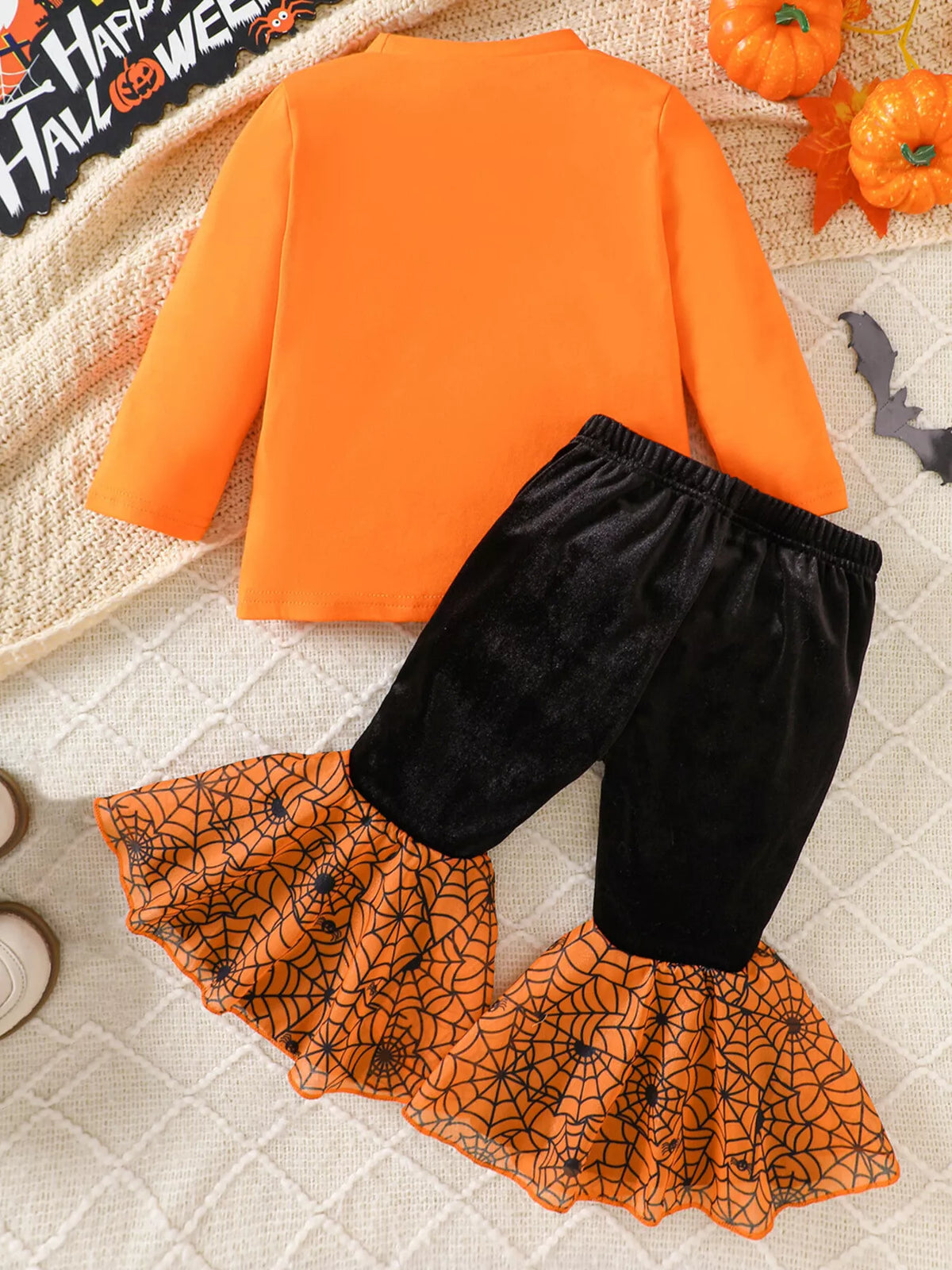Children's Halloween Pumpkin Long Sleeve Top and Spiderweb Bell Bottom Set - Lilixa.store