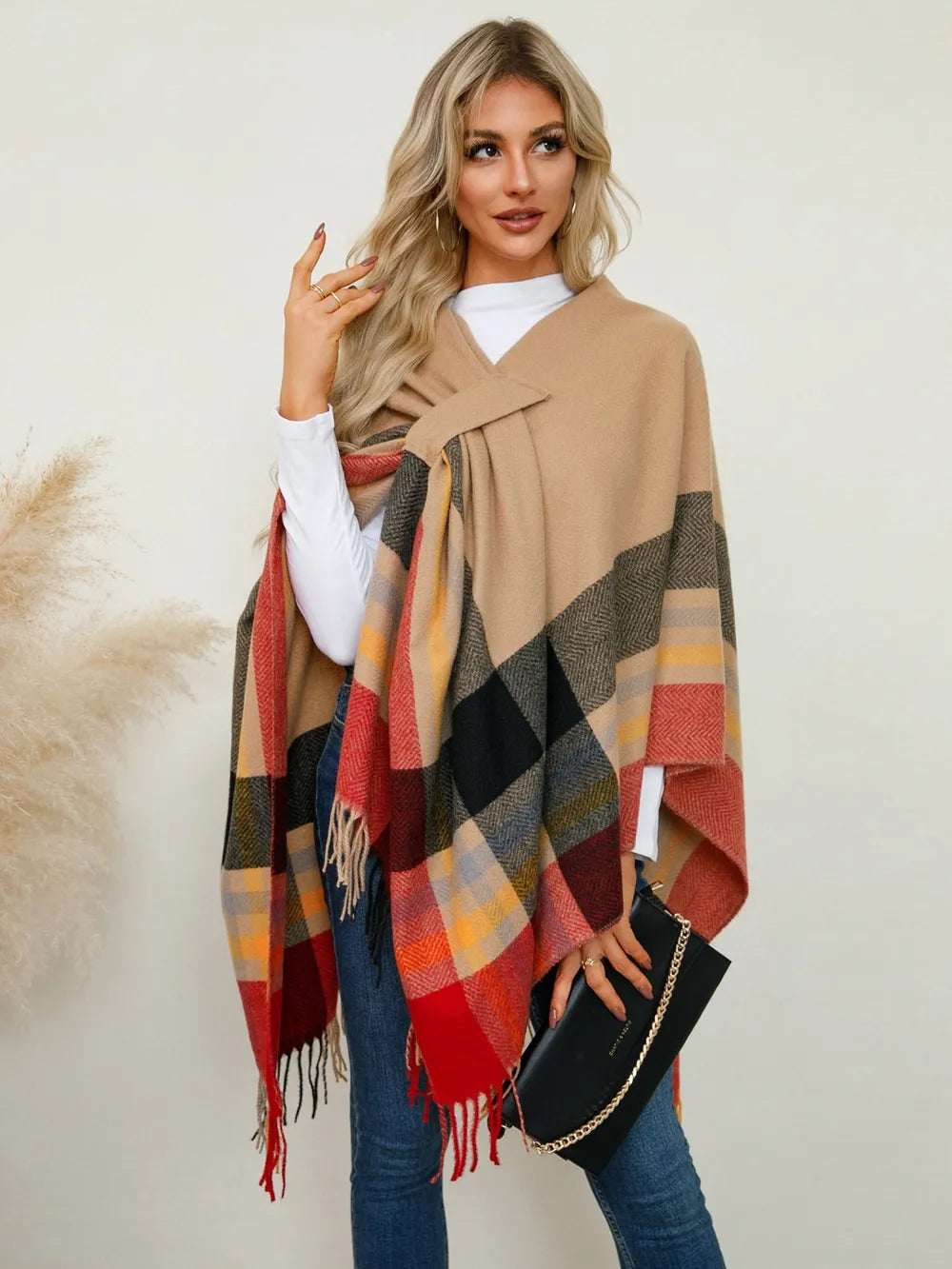 Fringe Contrast Plaid Poncho - Lilixa.store