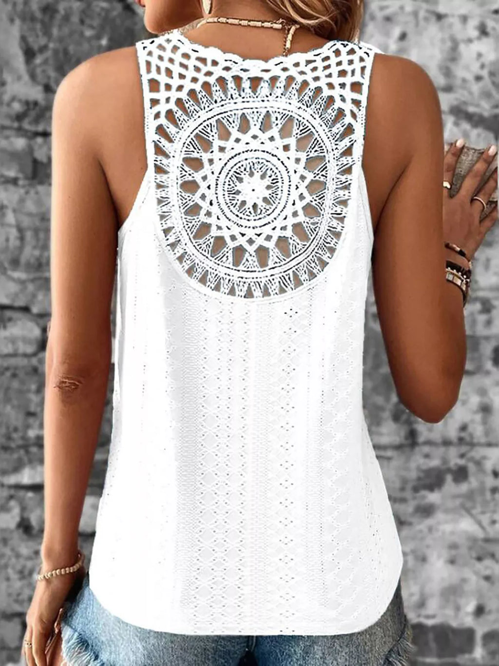 Eyelet Lace Trim V-Neck Tank Top - Lilixa.store