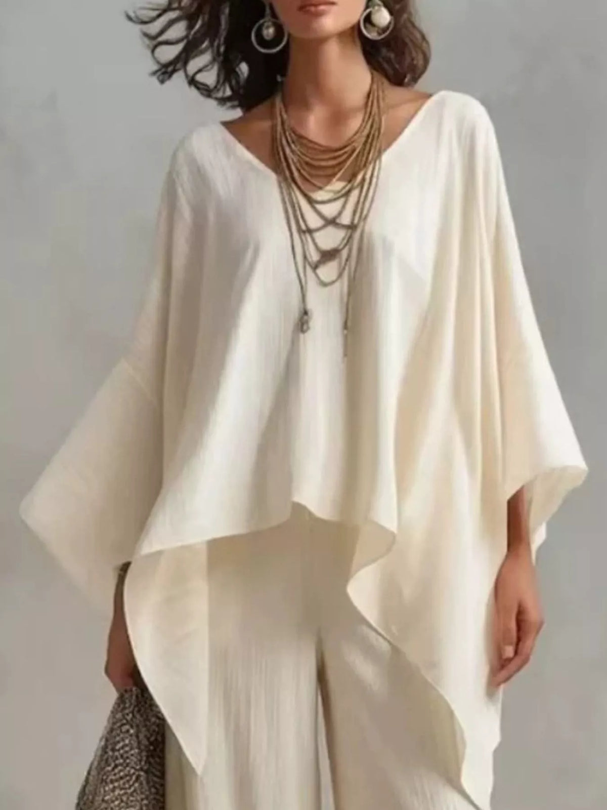Loose Fit V-Neck Top and Pants Two-Piece Set