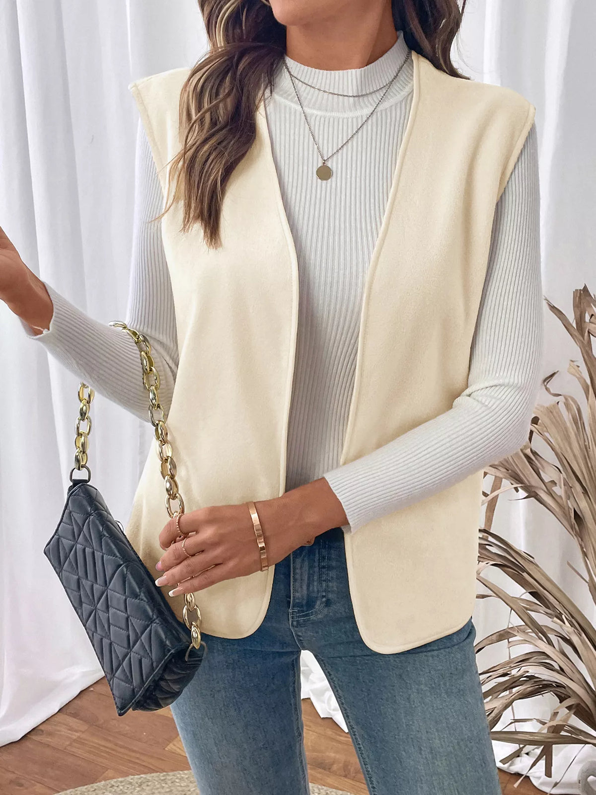 Full Size Open Front Vest Coat Plus Size in Apricot, view 2