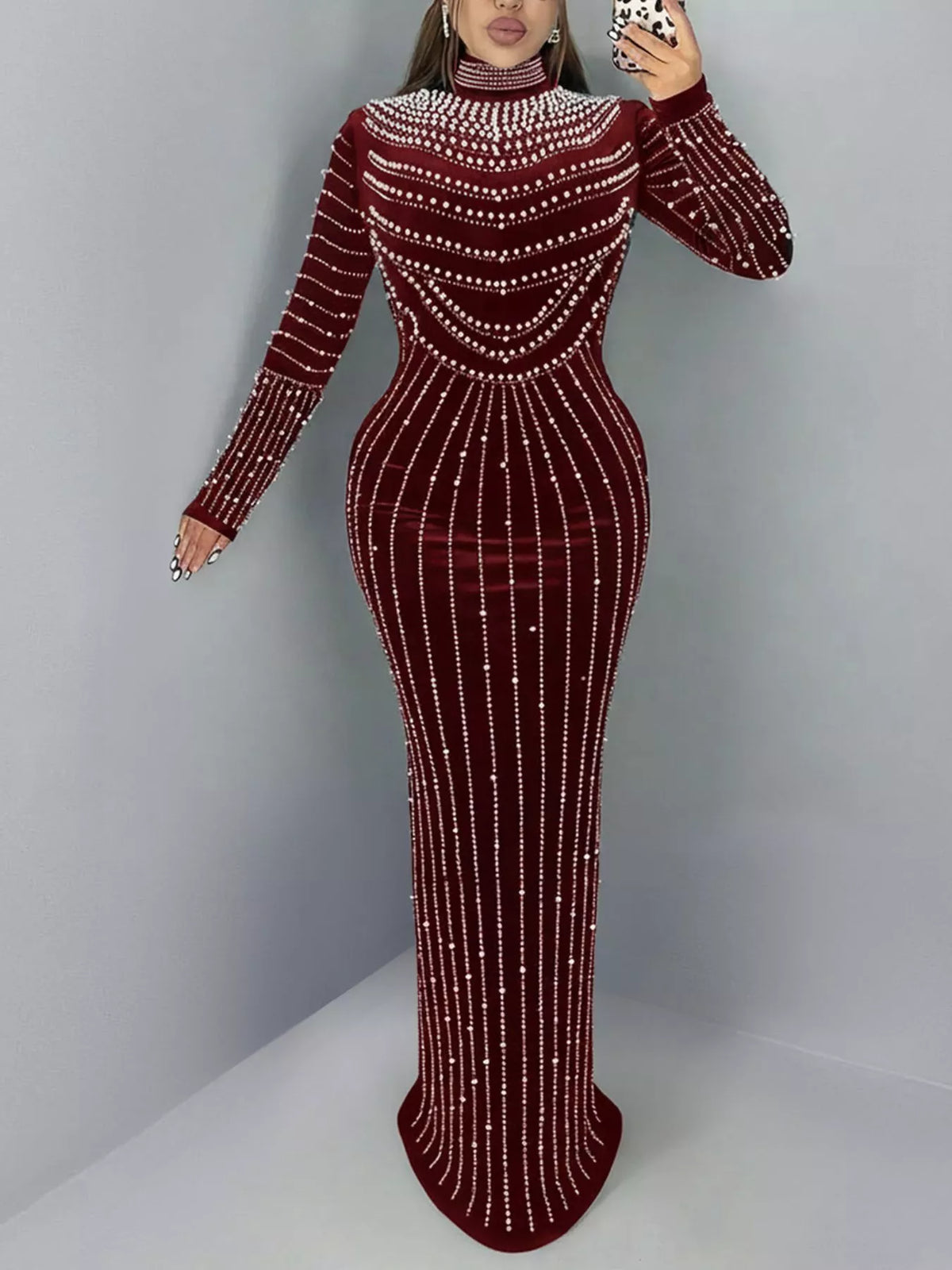 Rhinestone Embellished Mock Neck Long Sleeve Maxi Dress - Lilixa.store
