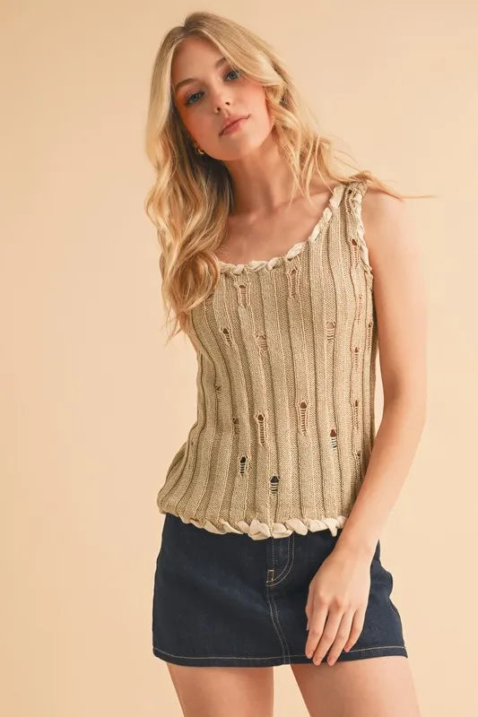 Aemi+Co Distressed Detail Round Neck Knit Tank in Khaki, view 3