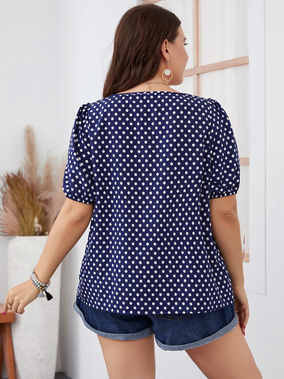 Honey Plus Size Polka Dot Square Neck Blouse in Dark Blue, view 2